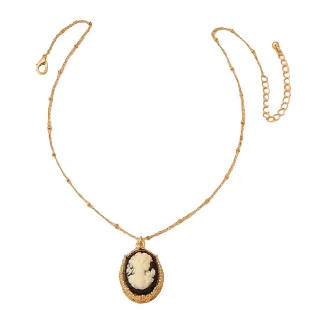 Vintage Styled Cameo Necklace Black Gold-Plated Chain - Ornate Oval Frame NWOT